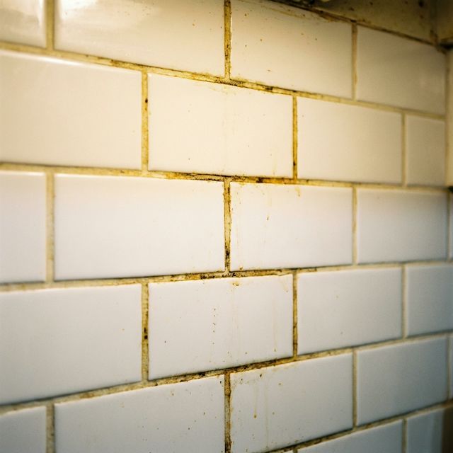 Before: Kitchen subway tiles with stained grout